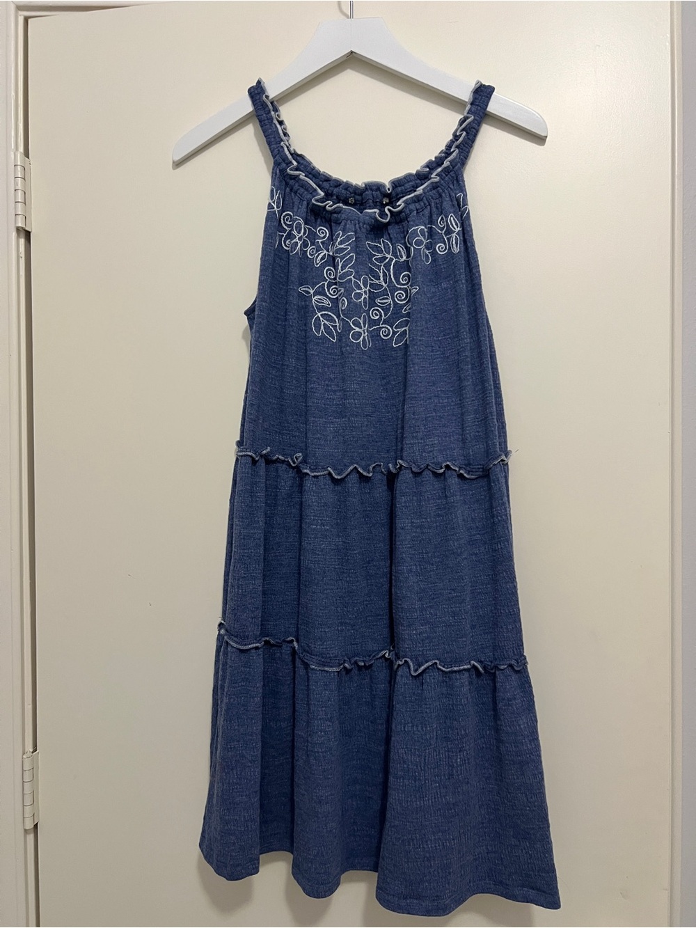 Vintage Cable & Gauge Blue Wash Breezy Dress White Embroidered Boho Flowy Midi